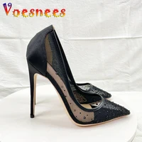 Summer Rhinestone Inlaid Cool High Heels High-quality Breathable Mesh Fashion Single Shoes 12CM Sexy Pointed Tip Women's Pumps 1