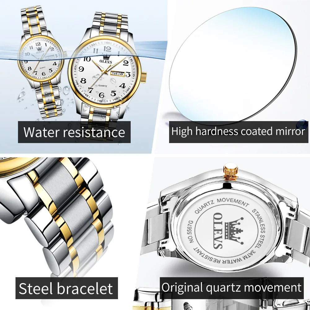 OLEVS 5567 Original Quartz Couple Watch for Men and Women Classic Digital Dial Week/Date Business Luxury Lover\'s Wristwatch Gift