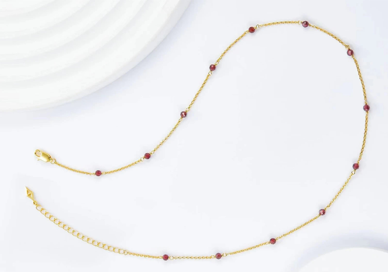 Silver Gold Plated Garnet Spaced Bead Station Necklace