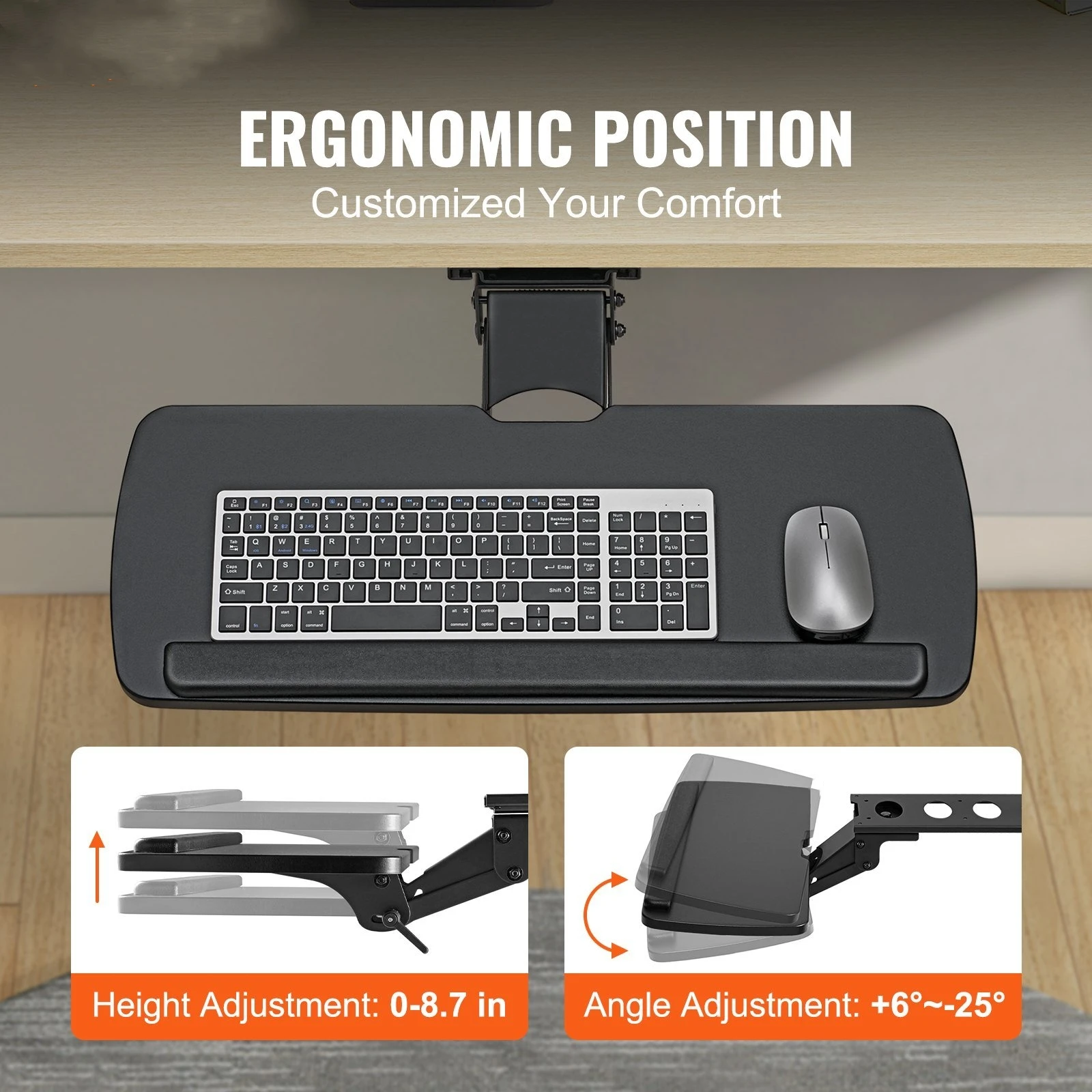 Keyboard Tray Under Desk, Height and Angle Adjustable Ergonomic Keyboard/Mouse Tray Under Desk, Large 25x9.8 inch Slide-out Comp 2