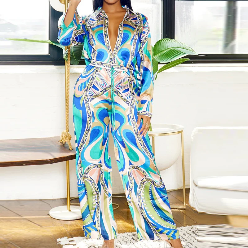 

Spring Autumn Pattern Print Satin Bright Set Elegant Lapel Long Sleeve Button Shirt+Long Pant 2pc Set Lady Holiday Casual Outfit