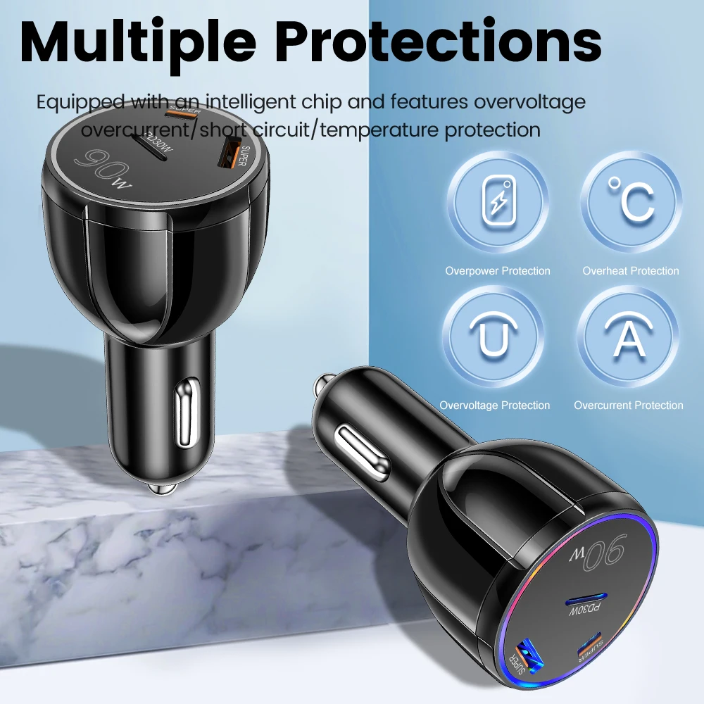 90W 3 in 1 Car Charger PD30W Type C USB Moblie Phone Fast Charging for IPhone Samsung Charger Plug Lighter Adapter Charger