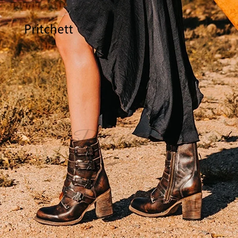 Dark Brown High Heels Ankle Boots for Women Belt Buckle Round Toe Genuine Leather Women's Shoes Western Retro Motorcycle Boots
