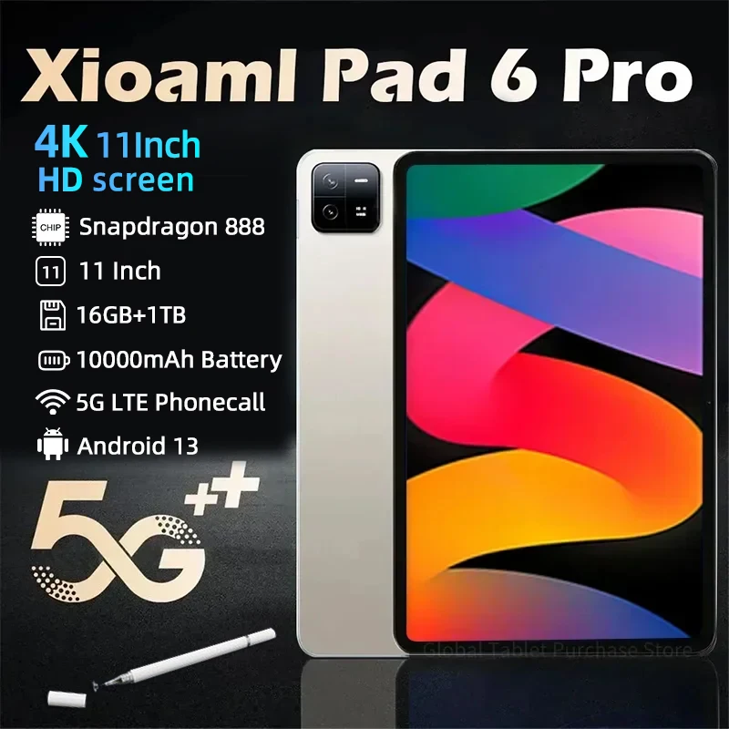 

2024 Original Global Version Tablets PC Pad 6 Pro Snapdragon 888 Android 13 16GB+1TB 5G Dual SIM Card 10000mAh WIFI HD 4K Mi Tab