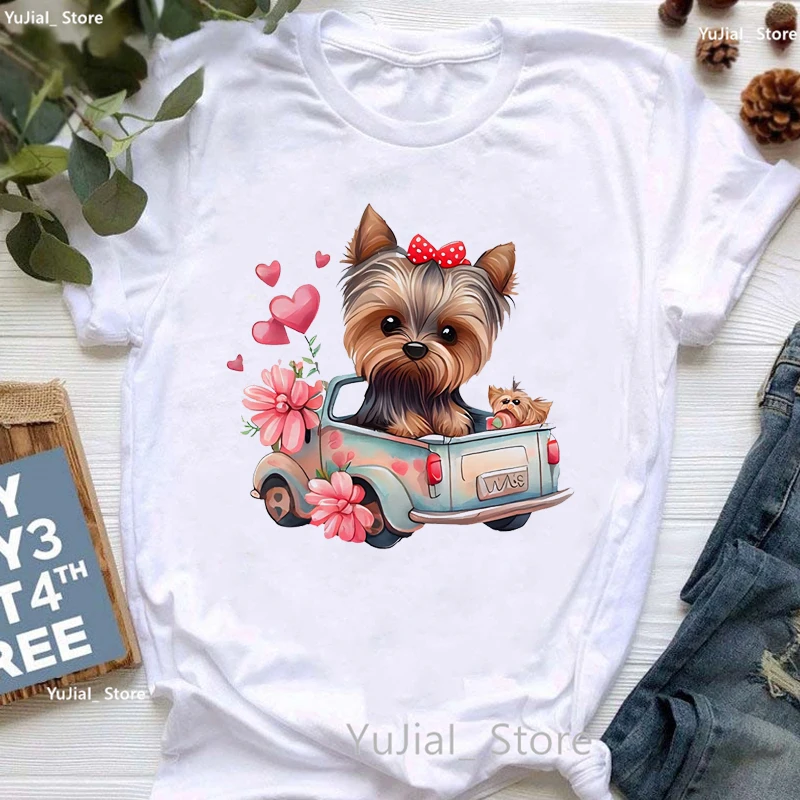 Golden Puppy Suower Dog Lover T Shi Girls Kawaii Clothes Summer Fashion Tops Shi Femme Pug/Yorkie/ Shohaired388_voghion.com