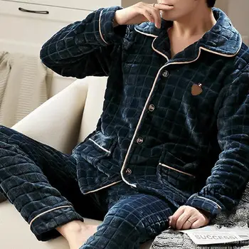 MensCoral Fleece Sleepwear Set Warm Soft Fleece Pajamas Sets For Men Thick Warm Casual Lounge Wear Sets For Men 2