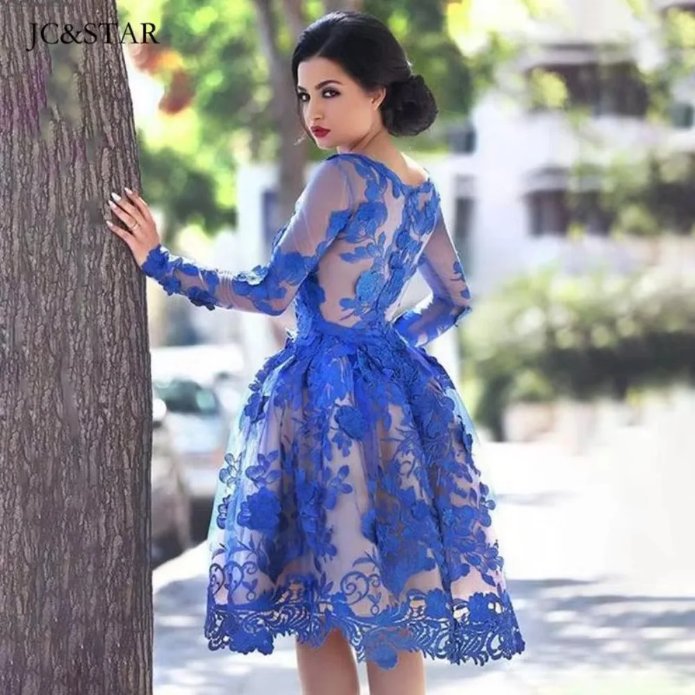 Royal Blue Lace Long-sleeved Cocktail Dresses Short Sexy Perspective Fashion Chic A Line Prom Dress Vestidos De Gala
