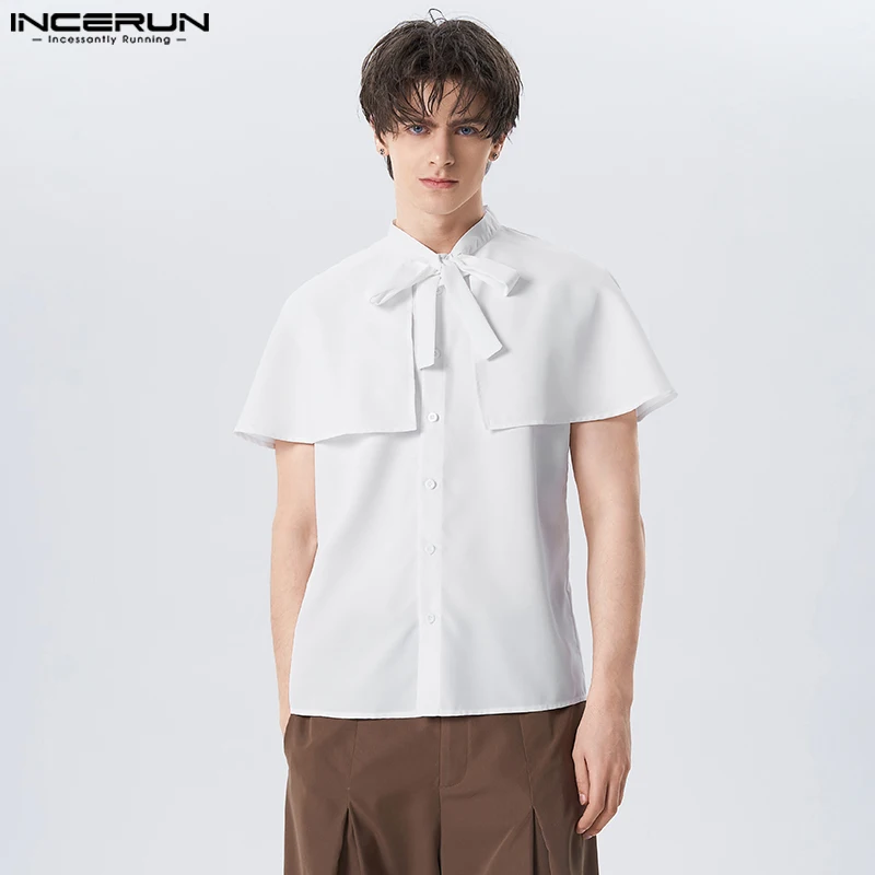 INCERUN Tops 2024 American Style Handsome New Men Cape Design Bow Shirts Stylish Male Streetwear Solid Comfortable Blouse S-5XL