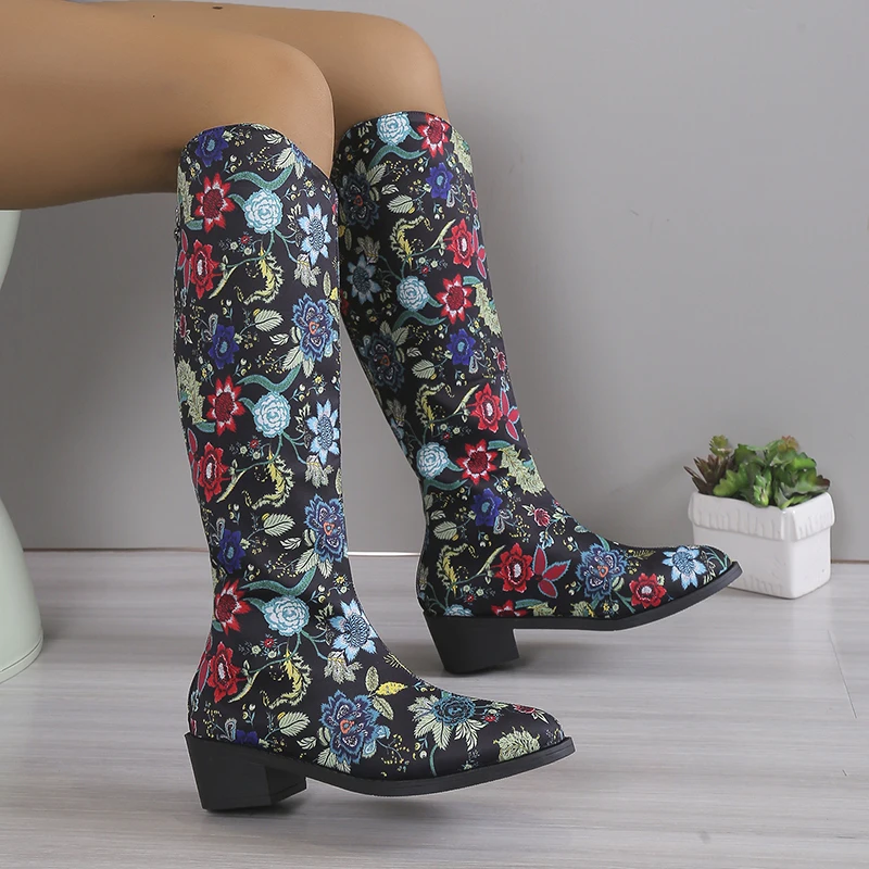 Winter Shoes for Female Back Zip Print Women's Knee-High Boots Square Heel Pointed Toe Women's Shoes Med Heel Sweet Ladies Boots