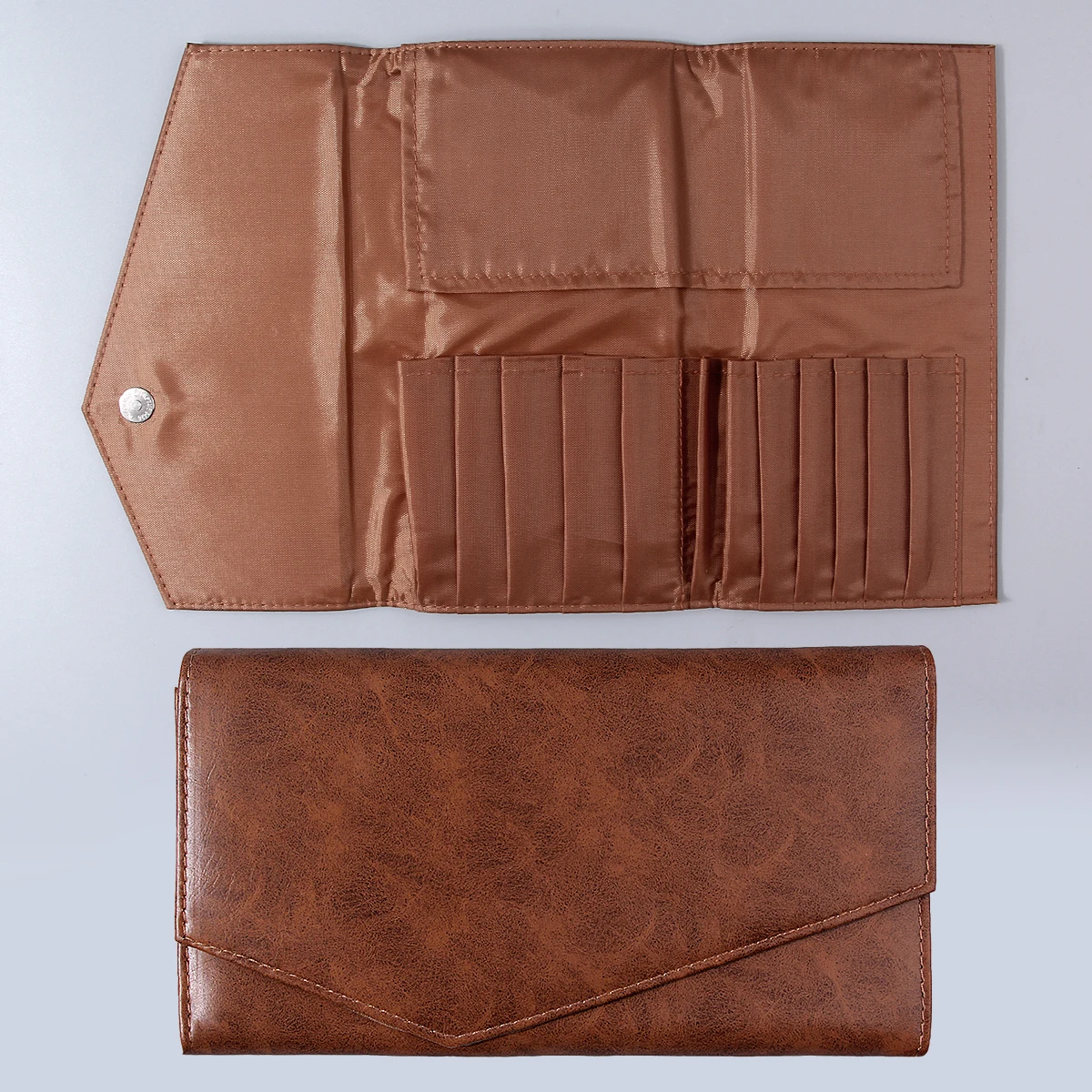 Elegant Brown PU Makeup Brush Bag with Magnetic Closure - Dustproof, Foldable Travel Organizer