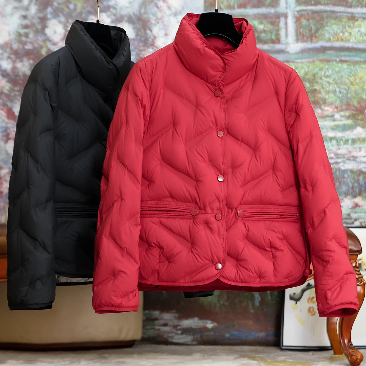 

2023 Fall and Winter New Ladies Cotton Clothing Thin Side Pleated Red Thin Down Jacket Female Fashion Commuting Leisure Clothing