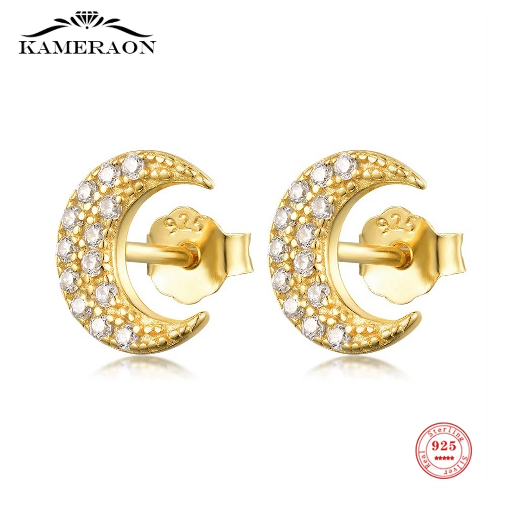 

Real 925 Sterling Silver Simple Crystal Gold Moon Stud Earrings for Women Vintage Jewelry for Girl Gift Accessories Ear Studs