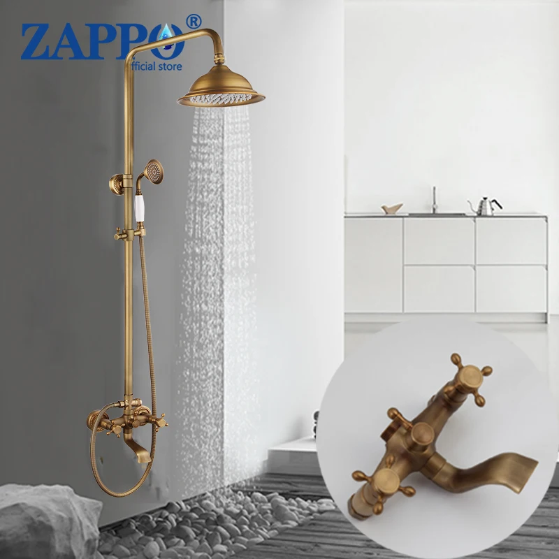 ZAPPO Outdoor Shower Fixtures Antique Brass Shower Faucet  3 Function Shower Head w/Tub Spout Bathroom 2 Handles Shower System