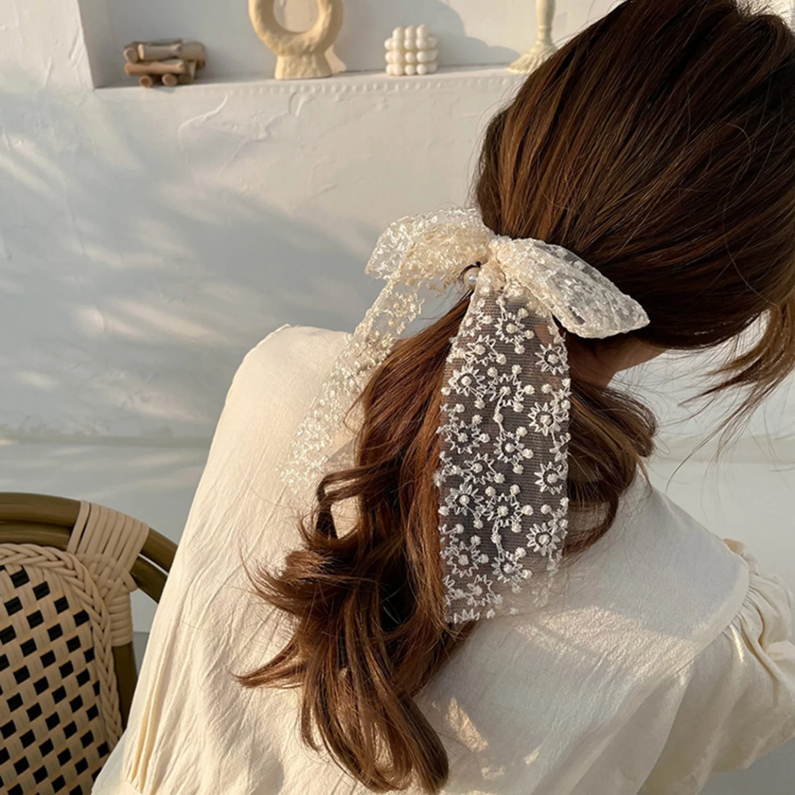 1PC Embroidered Lace Bow Hair Scrunchie, Chiffon Ribbon Hair Tie, Stylish Hair Accessory for Women's Sweet Hairstyles