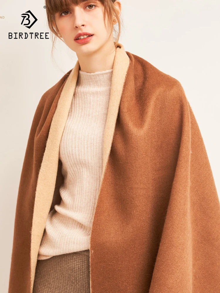 

Birdtree 75% Wool Elegant Women's Double-sided Scarf For Women 2023 Autumn Winter Warm Color matching Scarf With Tassel A39376QC