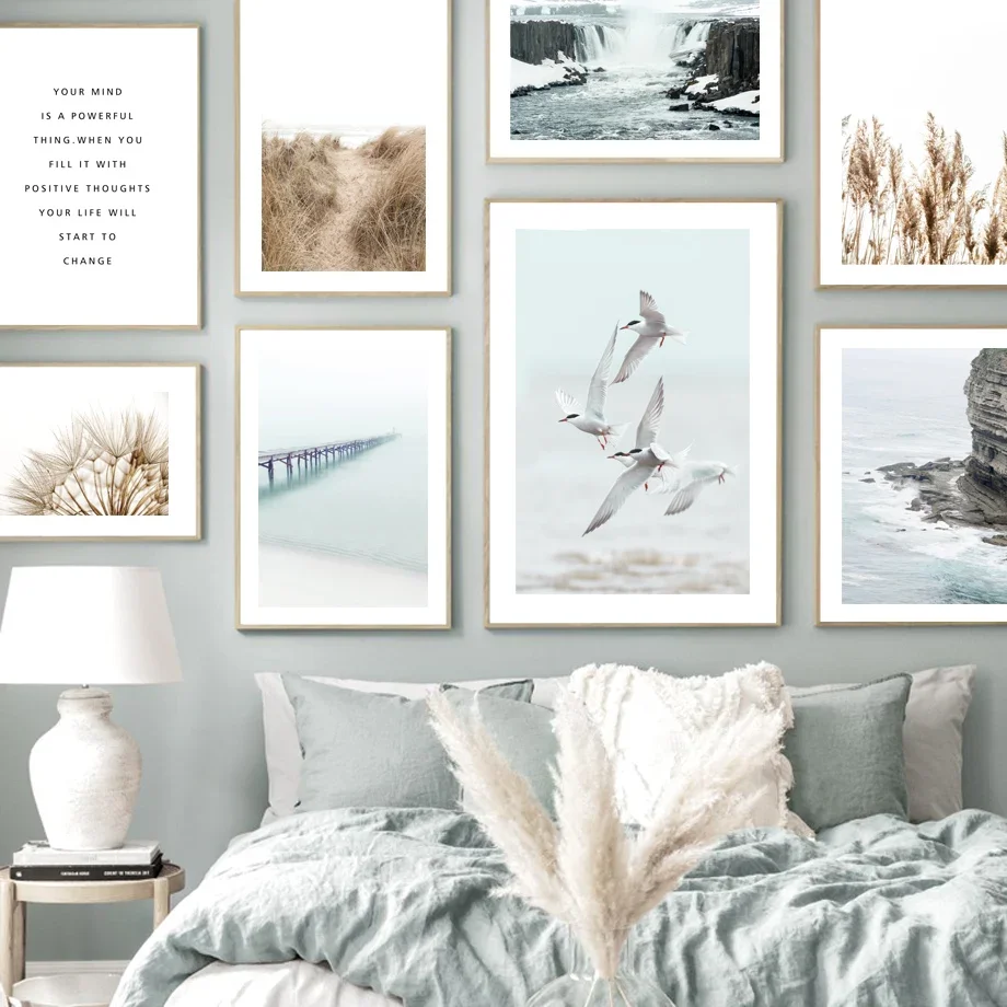 

Настенная картина с изображением водопада, морской птицы, одуванчика, травы, тростника, постеры и принты на холсте в скандинавском стиле, настенные картины для декора гостиной