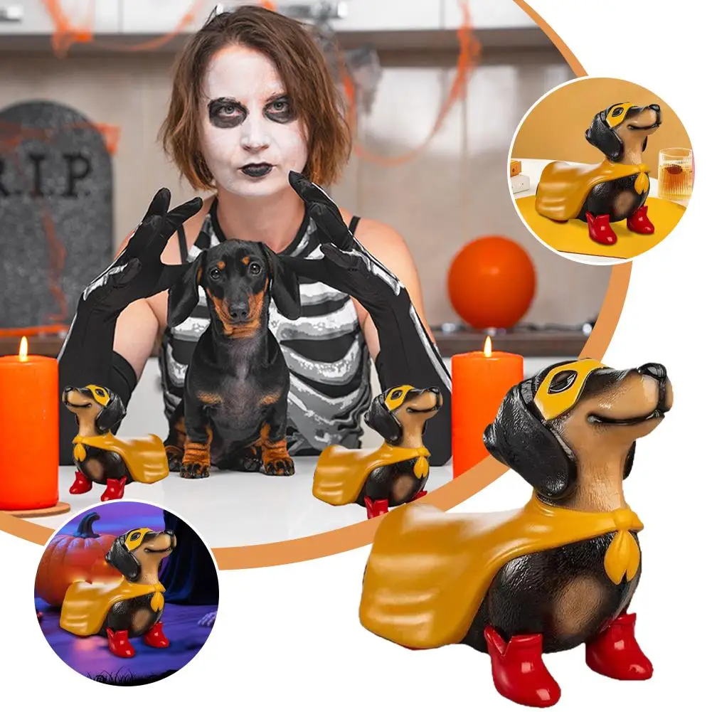 Superhero Dachshund statue wearing yellow cape and red boots for Halloween tabletop home decor