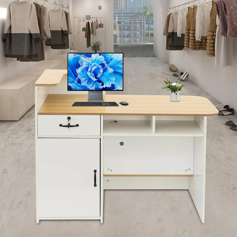 47in Reception Desk with Locking Drawer, Open Shelves & LED Lights for Office Store Restaurant Salon