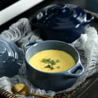 Ceramic Double Ear Bowl Mini Ceramic Glazed Baking Bowl with Lid Breskfast Steamed Egg Pudding Bowl Soup Bowls Microwave Oven 4