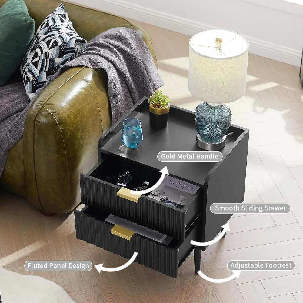 20" Small Side Table, Modern Bedside Tables with 2 Stroage Drawers, for Table for Living Room, Bedroom, Black&Gold, 1-Pack 3