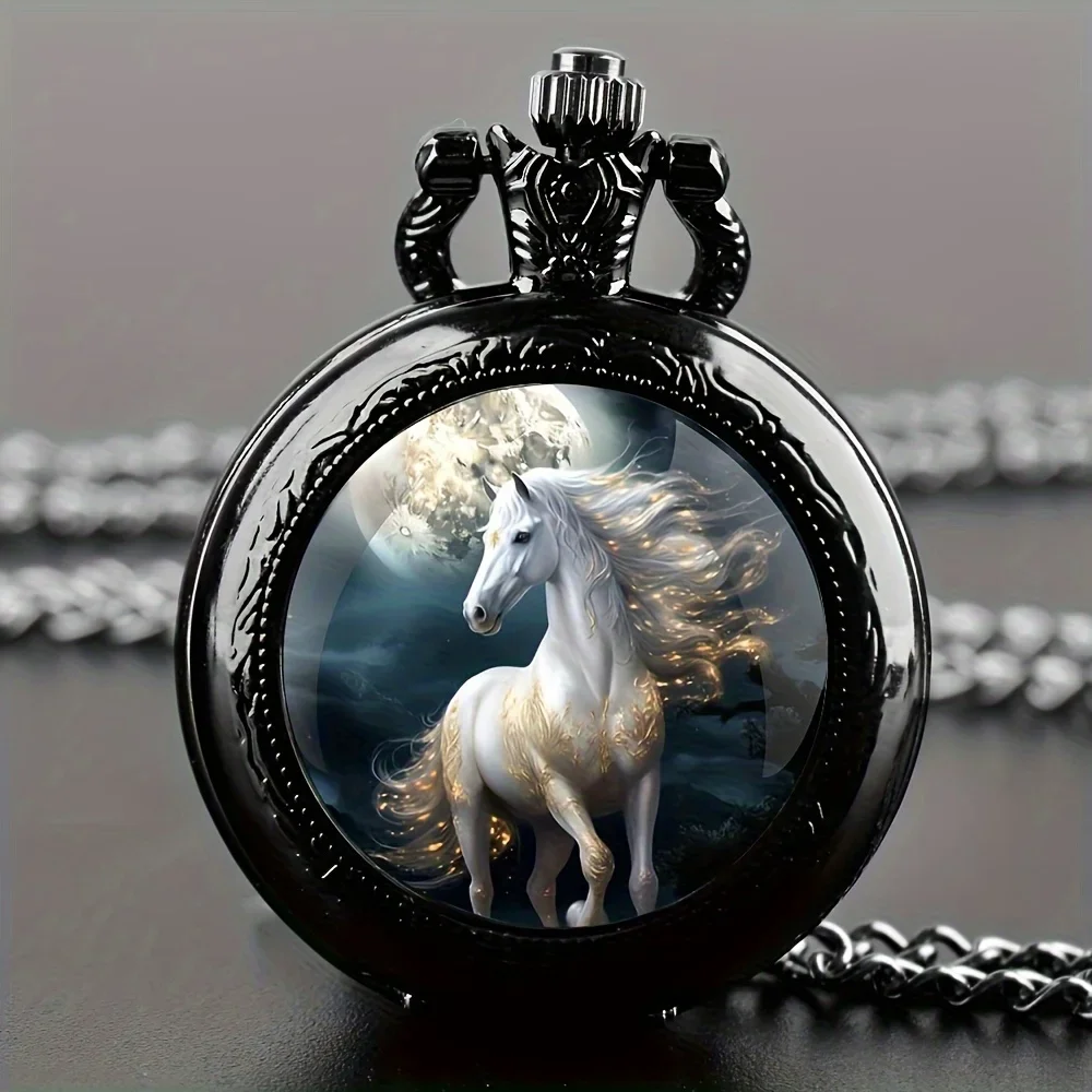 Retro Silvery Horse Animal Necklace Pendant Quartz Pocket Watch