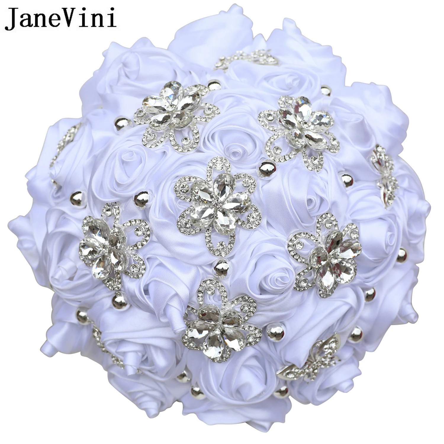JaneVini White Bridal Bouquet Artificial Flowers Wedding Blingbling Silver Crystals Diamond Bride Bouquets Mariages Accessoire