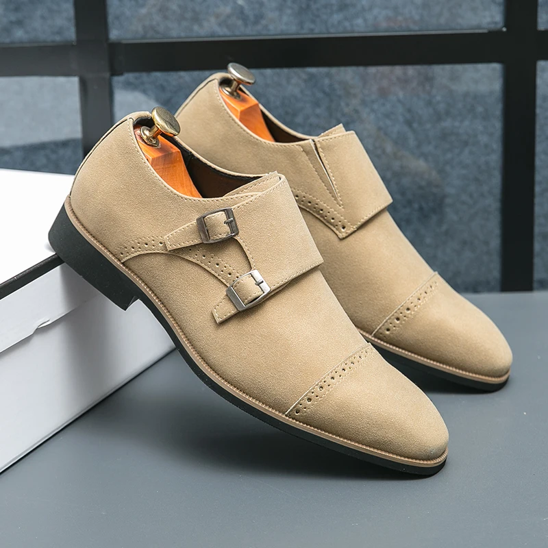 Leather Shoes Faux Suede Shoes Fashion Luxury Dress Leather Men's Shoes Monk Suede Leather Buckle Strap