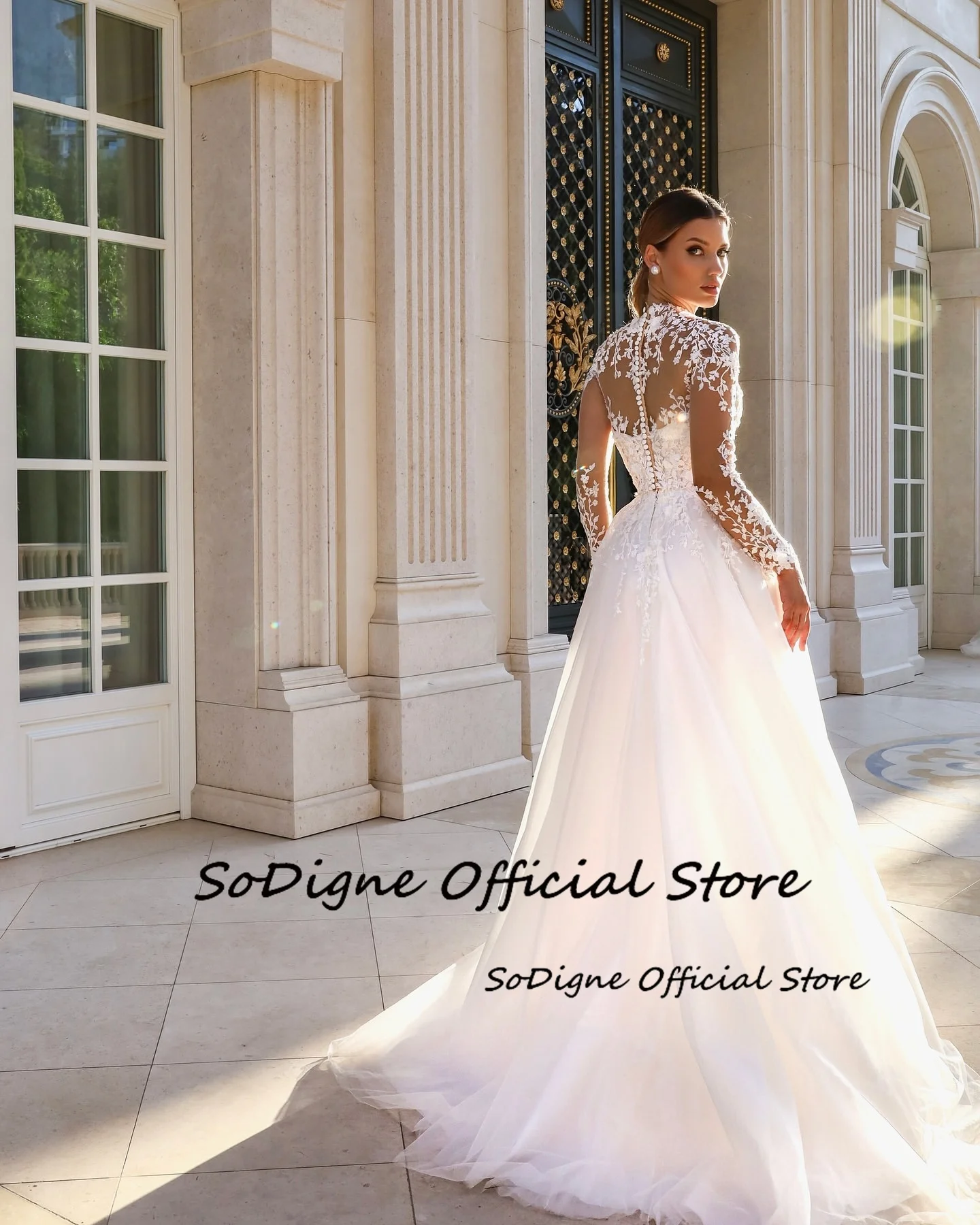 SoDigne A-line Appliques Wedding Dresses High Neck Full Sleeves Bridal Dress Long Wedding Gown Robe De Mairee ﻿Customized 3