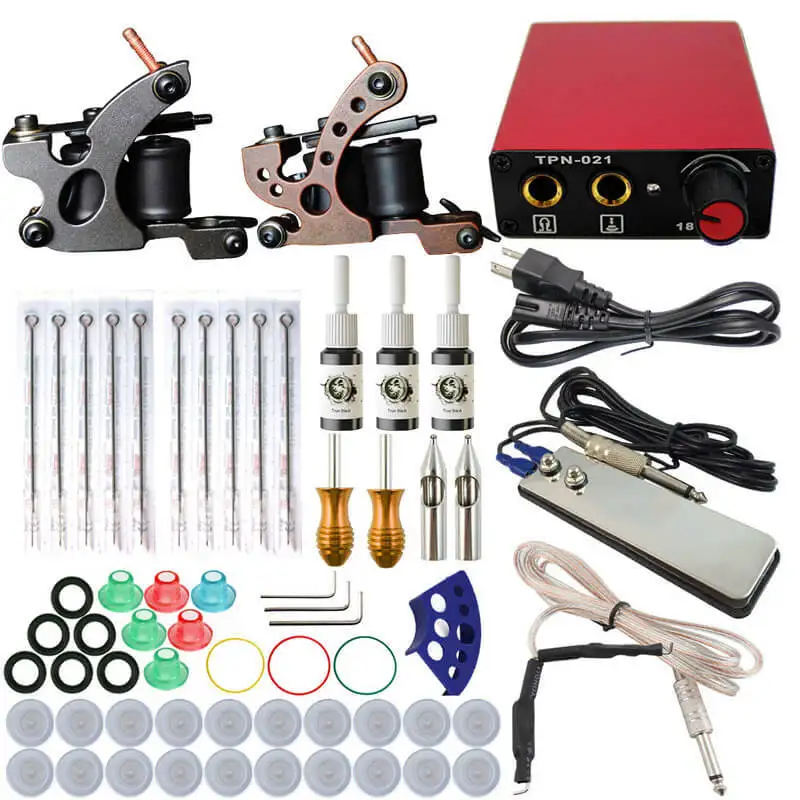 

Red double-machine tattoo machine set with pedal three-color tattoo ink 10 tattoo needles disposable accessories