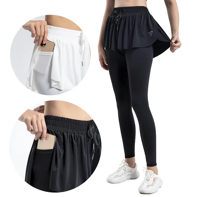 New Yoga Pants Fake Two Pieces Running Fitness Sports Anti Glare Loose Quick Drying Fitness Pants Skirt Warm Jacket invisible open crotch outdoor sex sports yoga skirts women tennis skirt fake two piece side slit hot girl fitness pants