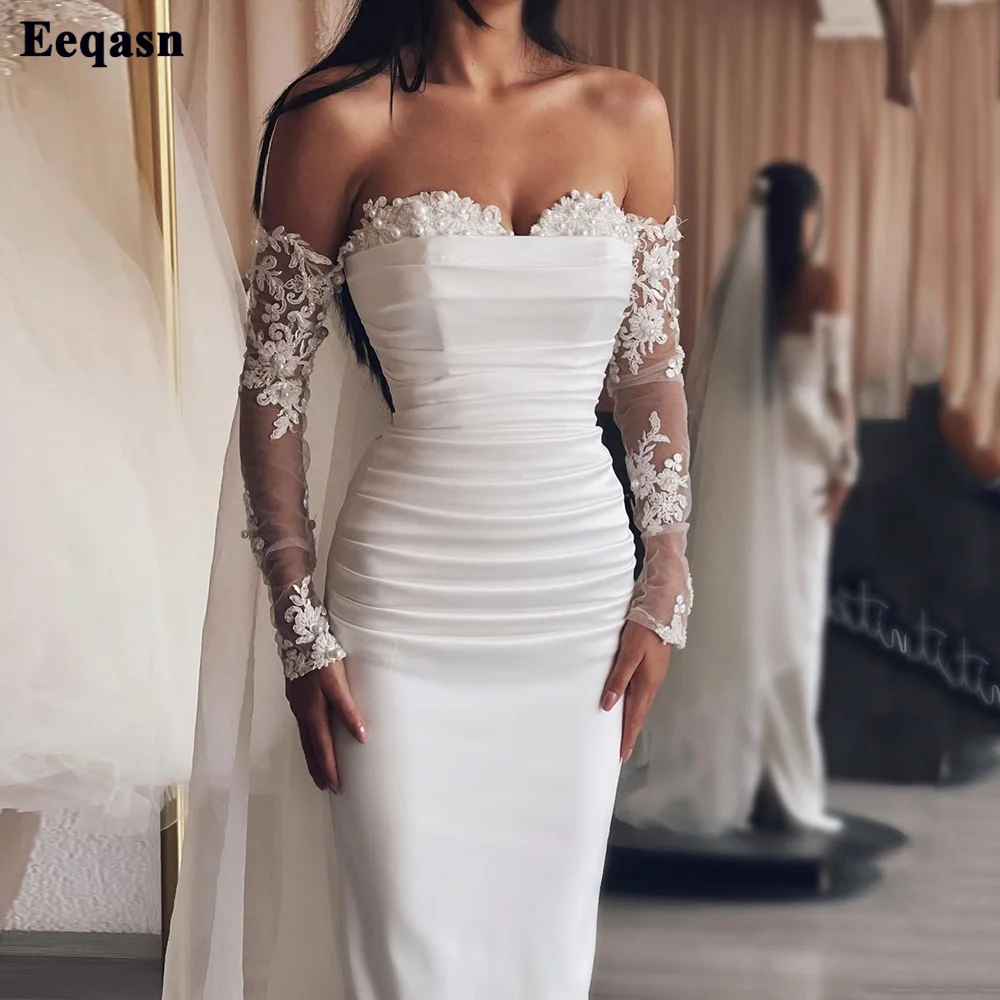 

Eeqasn Mermaid Soft Satin Wedding Dresses Long Sleeves Off The Shoulder Appliques Lace Wedding Party Gowns Women Bride Dress