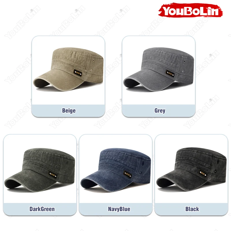 Distressed Textured Flat-Top Cap, Couple Style Outdoor Sun Protection Military Cap - Image 3
