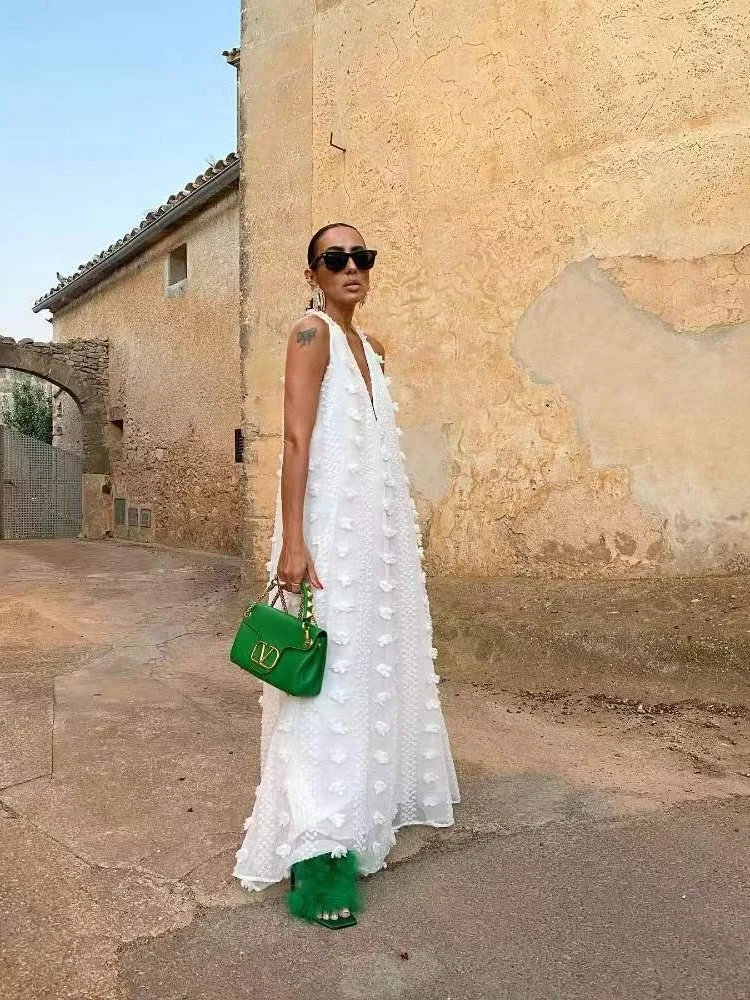 Wmstar Long Dresses Women Wholesale Deep V Neck  Solid Loose Sleeveless New in Summer Holiday  Floral Dress Drop Shopping  2025