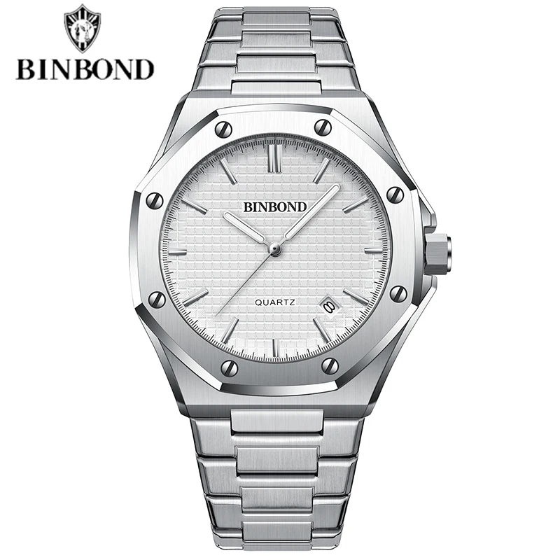BINBOND Men's Classic Silver Stainless Steel Quartz Watch with Luminous Dial