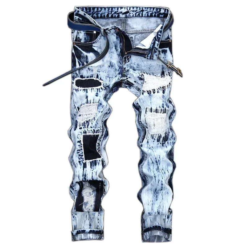 Men's Embroidered Patchwork Ripped Jeans (without Belt) Slim Fashion High Street Motorcycle Denim Pants Male Designer Clothes men jeans ripped jeans ripped patchwork jeans