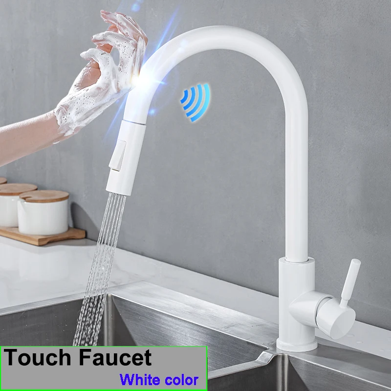 Hot Cold Touch Kitchen Mixer Tap Home White Pull Out Kitchen Mixer Faucets Newly Smart Sensitive Touch Kitchen Sink Faucets kitchen faucet with sprayer Kitchen Fixtures