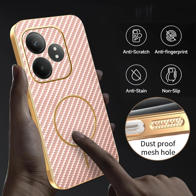 Premium Electroplating Leather Carbon Fiber Magnetic Ring Phone Case - Anti-Fall Protection