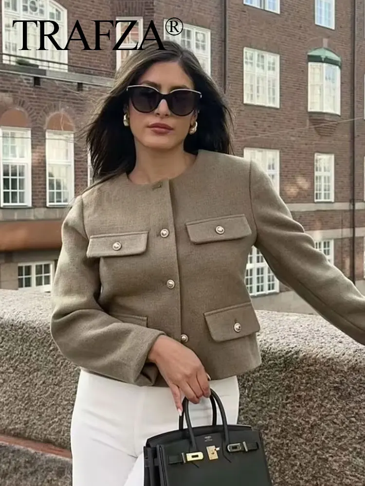 TRAFZA Women Elegant Cropped Jacket 2024 Women's Fashion Jacket O-Neck Long Sleeved Flip Pocket Coat Female Casual Outwear Tops 6