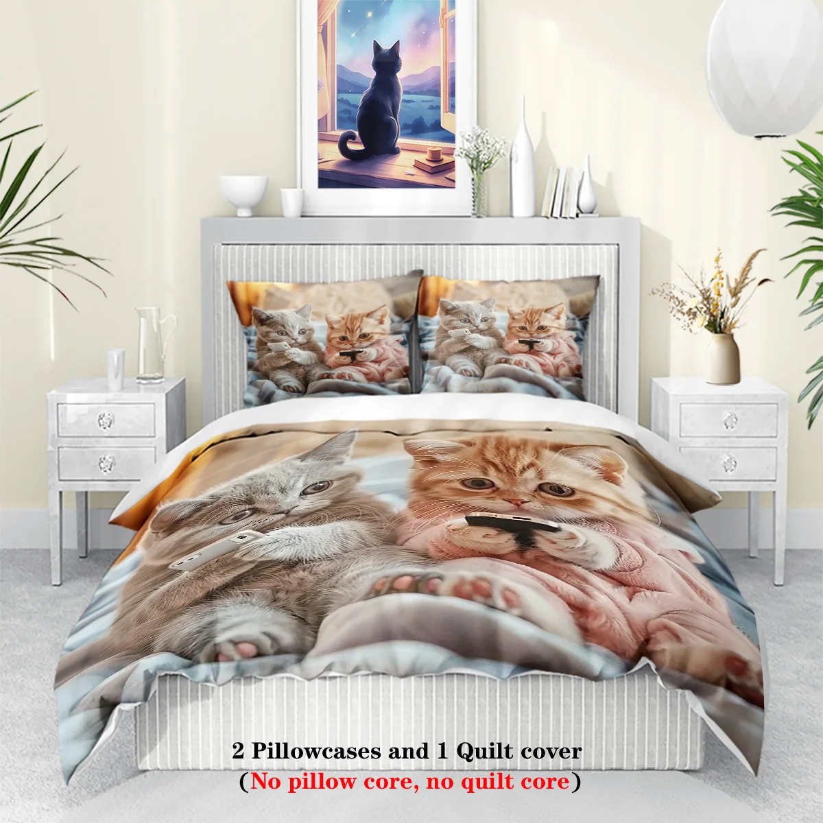 סט מצעים מודפס חתול חמוד בארבע העונות, ללא ליבה, נוח, חדר שינה דורמיטוריום, מגוון גדלים, ניתן לכביסה במכונה
