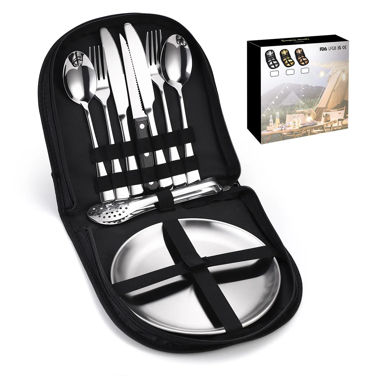 10/20 Pieces Portable Outdoor Camping Cutlery Stainless Steel Dinner Tableware Dishes Clip Spoon Plate With Storage Bag