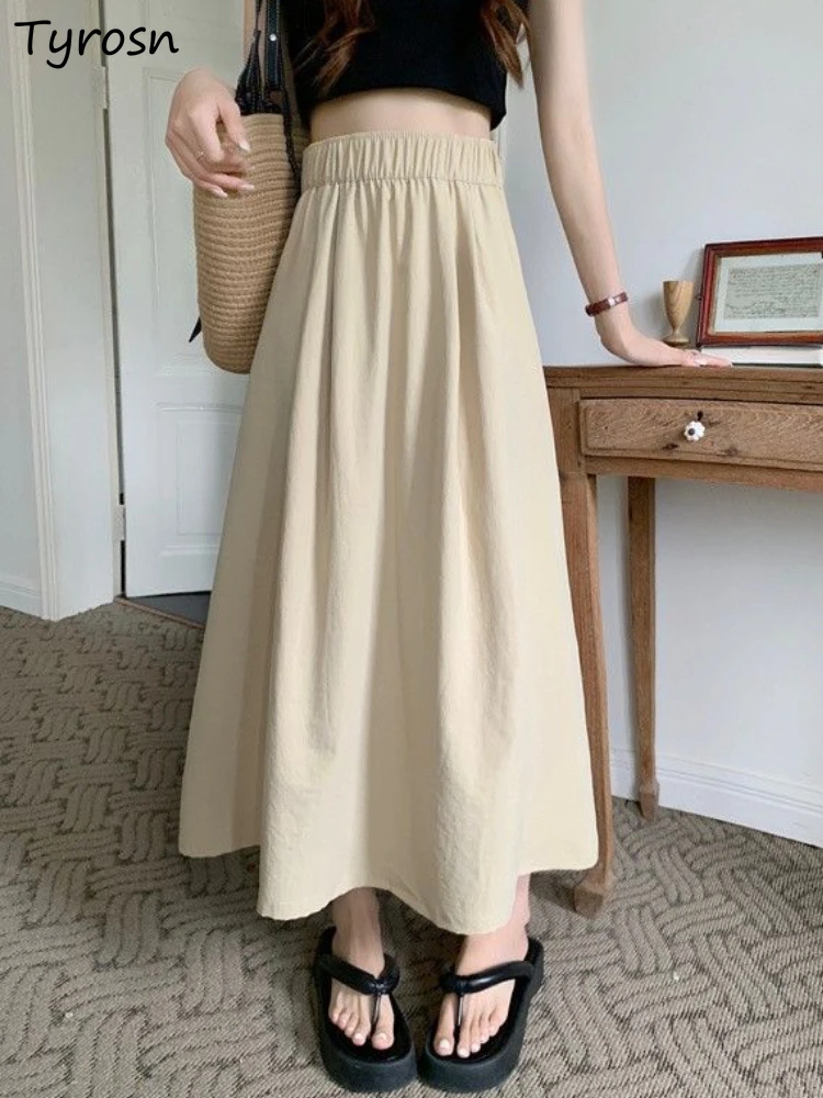 

Skirts Women Loose Classic Simple All-match Causal Retro Basic Korean Style Folds Daily Tender Midi Faldas Summer Ladies Fashion