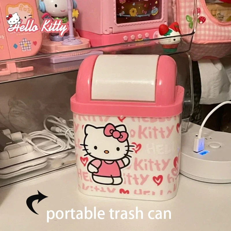 Hello Kitty Trash Can Portable Desktop Office Dormitory Car Living Room Square with Lid Mini Storage Accessories Home Cartoon trash can