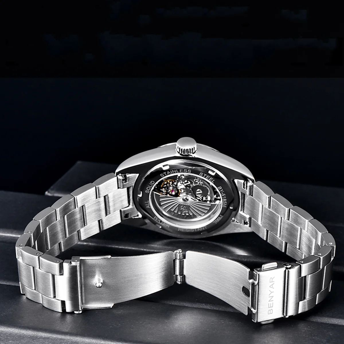 BENYAR Orologio meccanico automatico da uomo, modello 5218, quadrante in cristallo zaffiro, acciaio inossidabile, impermeabile 100m, carica automatica