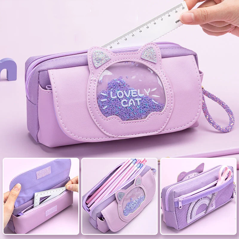 Cute Cat Pencil Case Big Pencil Box Portable Girls Pen Bag Double