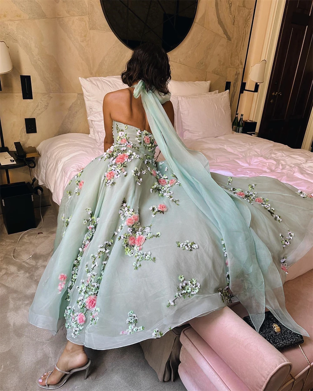 Prom Dress Evening فساتين السهرة Square Neck 3D Flowers Lace Formal Occasion  Gown Arab Saudi فستان حفلة موسيقية