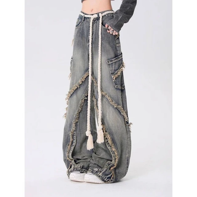 Pantalones vaqueros de cintura alta con diseño de borde crudo estético a la  moda para mujer, pantalones cargo versátiles casuales de hip hop, holgados,  high street, y2k - AliExpress