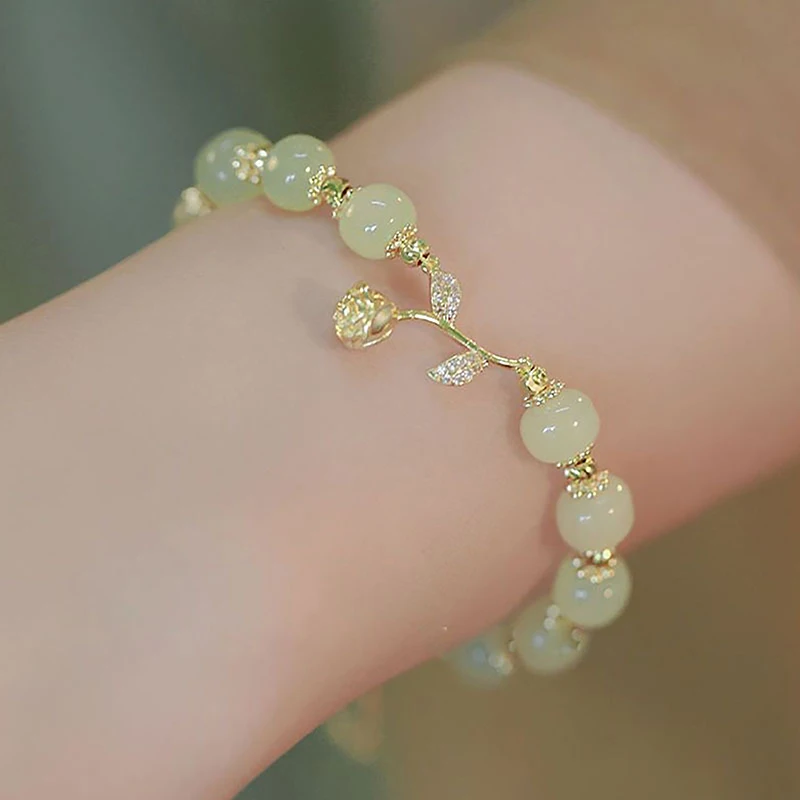 

Romantic Rose Imitation Jade Bracelet Niche Design Light Luxury High-end Hand Jewelry