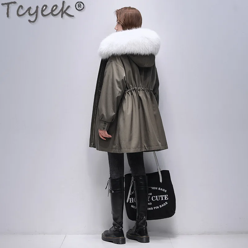 

Зимняя женская парка Tcyeek, модное женское пальто со съемной подкладкой, средней длины, женская одежда с воротником из лисьего меха, 23 дюйма