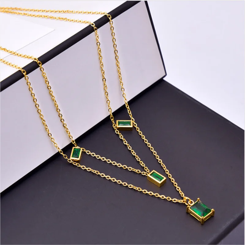 316L Stainless Steel New Fashion Fine Jewelry Elegant 2-layer Embed Green Zircon Charms Chain Choker Necklaces Pendant For Women