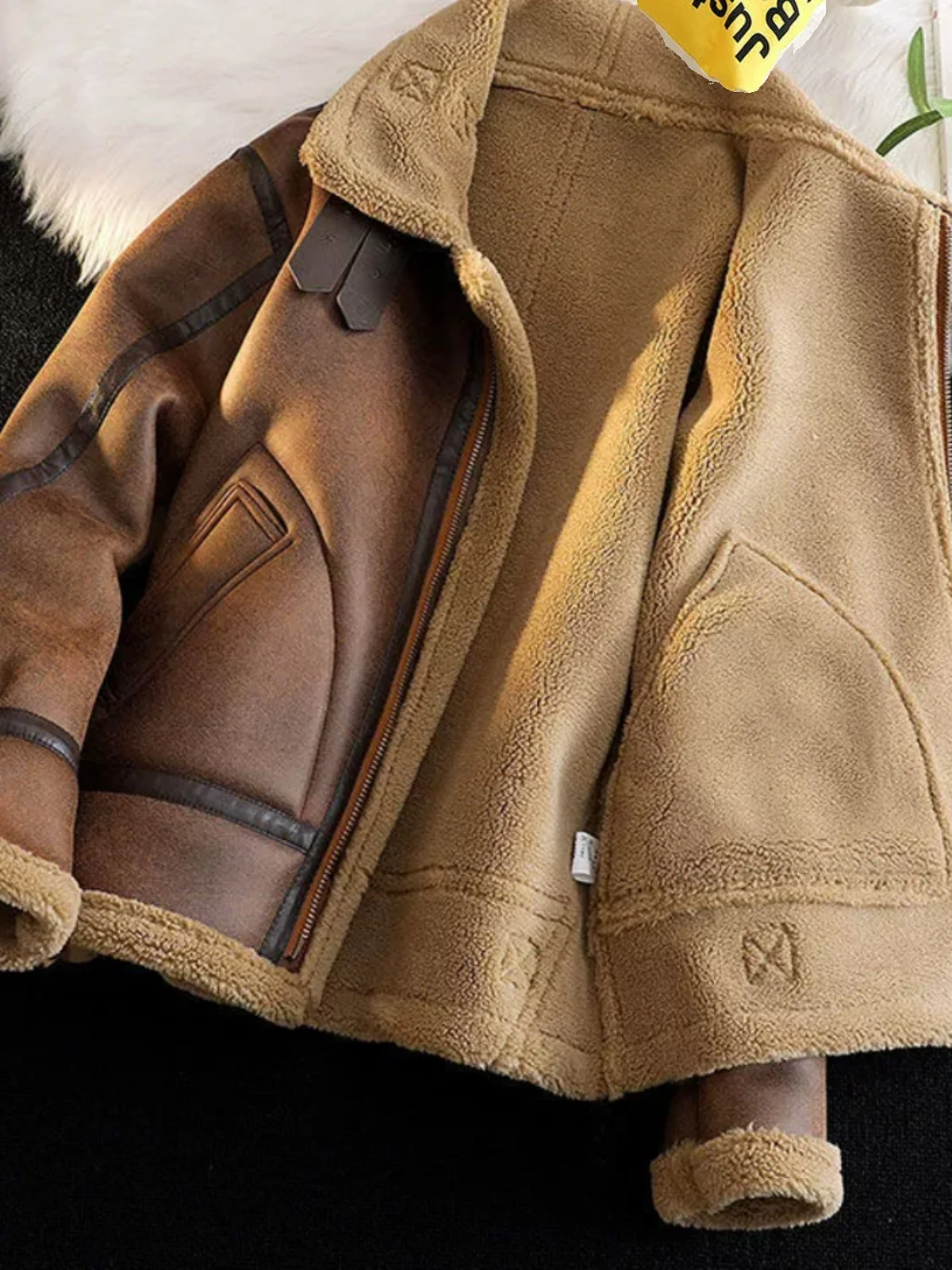 Lamb Fur Lined Thiened Leather Jaet Men's Autumn Winter Flip Collar Cotton Jaet Outerwear Youth Trend Stand Fit